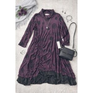 Chalet et Ceci Lagenlook Dress 3X Purple Black Polka Dot Crinkle Art to Wear NWT